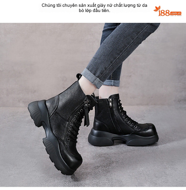 Boot Nữ Da Bò Cổ Ngắn Đế Dày Phong Cách Retro Chiều Cao Đế Khoảng 5cm Màu Nâu, Đen chi tiết 2
