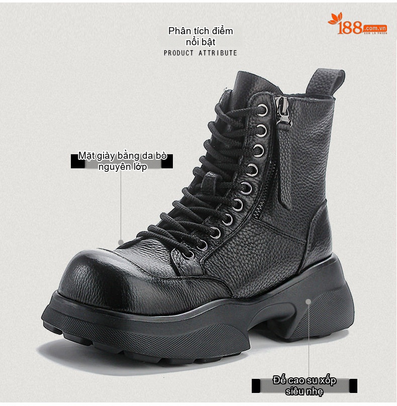 Boot Nữ Da Bò Cổ Ngắn Đế Dày Phong Cách Retro Chiều Cao Đế Khoảng 5cm Màu Nâu, Đen chi tiết 3