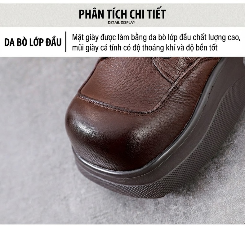 Boot Nữ Da Bò Cổ Ngắn Đế Dày Phong Cách Retro Chiều Cao Đế Khoảng 5cm Màu Nâu, Đen chi tiết 4