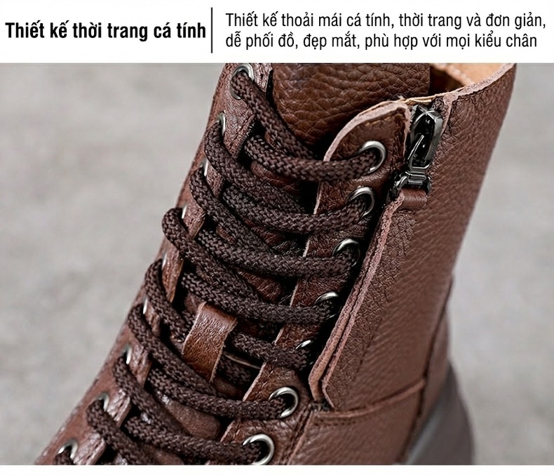 Boot Nữ Da Bò Cổ Ngắn Đế Dày Phong Cách Retro Chiều Cao Đế Khoảng 5cm Màu Nâu, Đen chi tiết 5