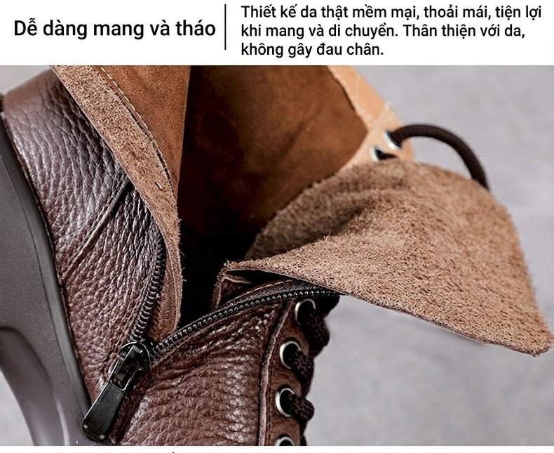 Boot Nữ Da Bò Cổ Ngắn Đế Dày Phong Cách Retro Chiều Cao Đế Khoảng 5cm Màu Nâu, Đen chi tiết 6