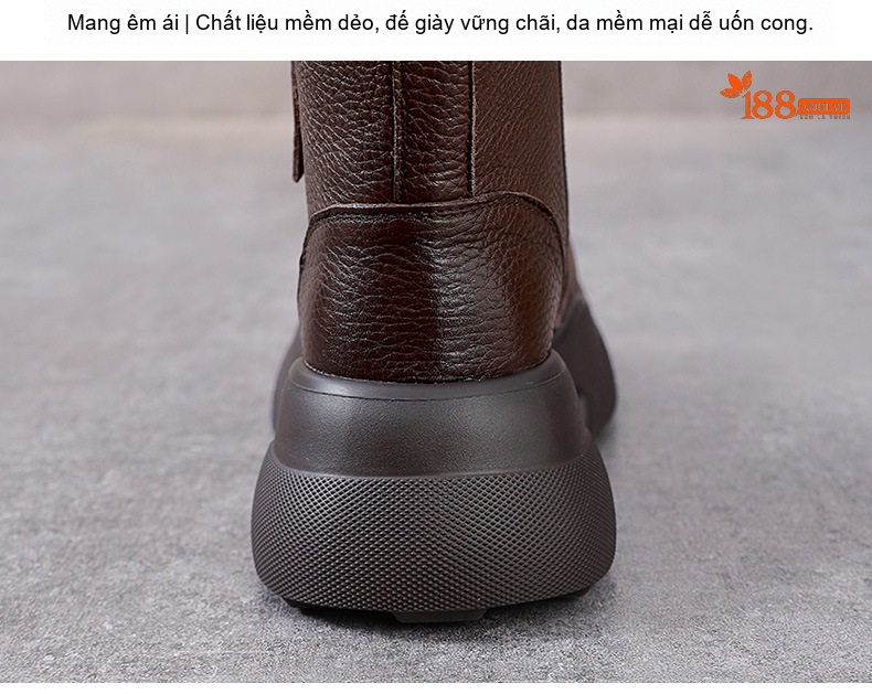 Boot Nữ Da Bò Cổ Ngắn Đế Dày Phong Cách Retro Chiều Cao Đế Khoảng 5cm Màu Nâu, Đen chi tiết 8