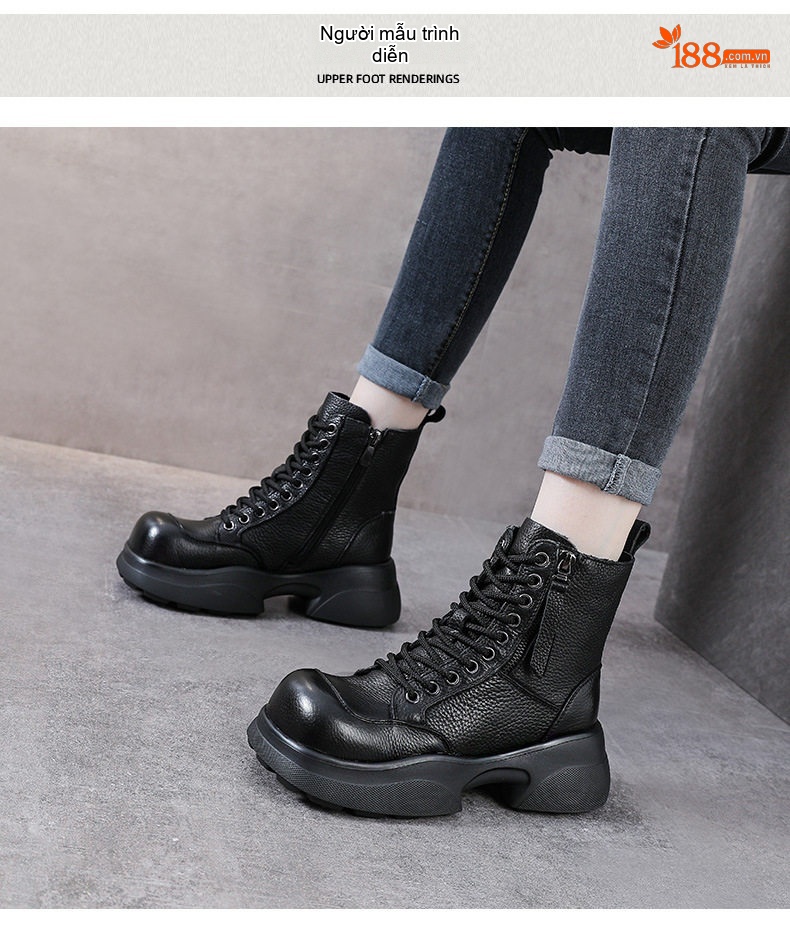 Boot Nữ Da Bò Cổ Ngắn Đế Dày Phong Cách Retro Chiều Cao Đế Khoảng 5cm Màu Nâu, Đen chi tiết 9