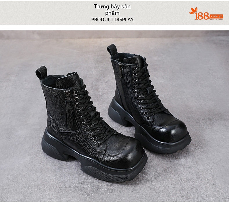 Boot Nữ Da Bò Cổ Ngắn Đế Dày Phong Cách Retro Chiều Cao Đế Khoảng 5cm Màu Nâu, Đen chi tiết 10