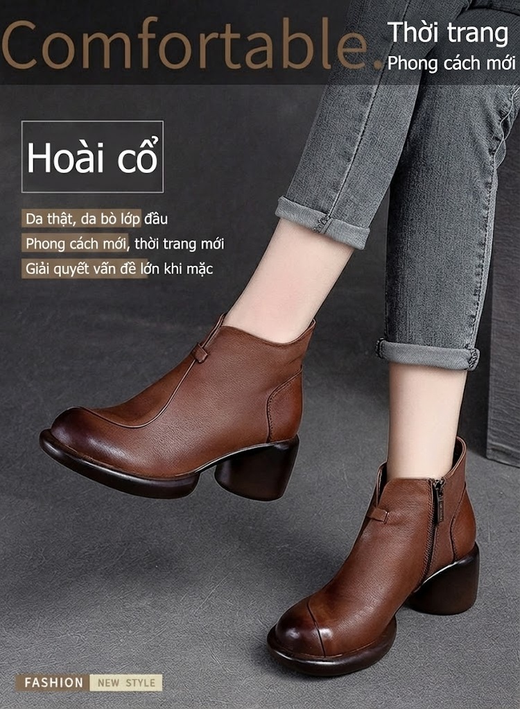 Boot Nữ Da Bò Cổ Ngắn Gót Vuông Chiều Cao Đế Khoảng 5cm Màu Đen, Nâu chi tiết 1