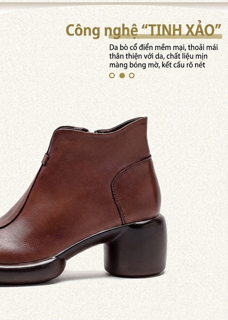 Boot Nữ Da Bò Cổ Ngắn Gót Vuông Chiều Cao Đế Khoảng 5cm Màu Đen, Nâu chi tiết 2