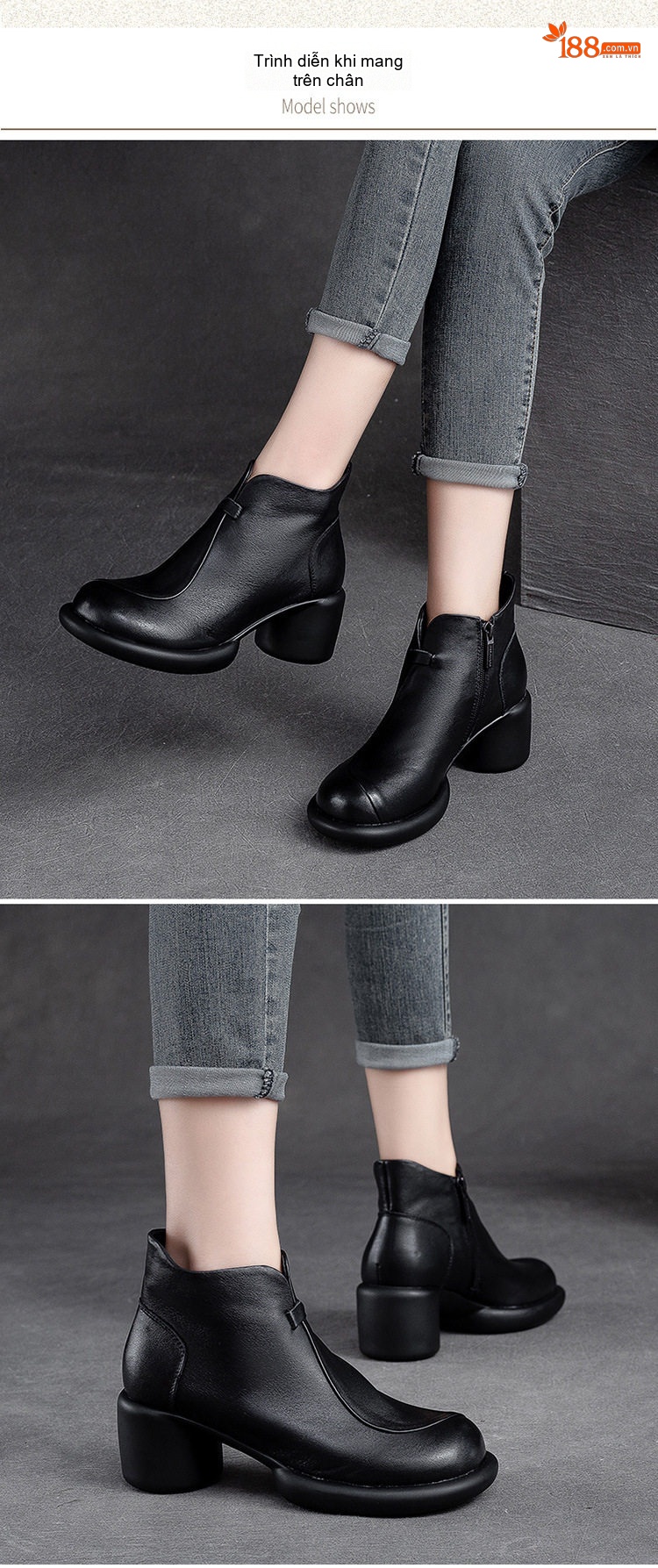 Boot Nữ Da Bò Cổ Ngắn Gót Vuông Chiều Cao Đế Khoảng 5cm Màu Đen, Nâu chi tiết 7