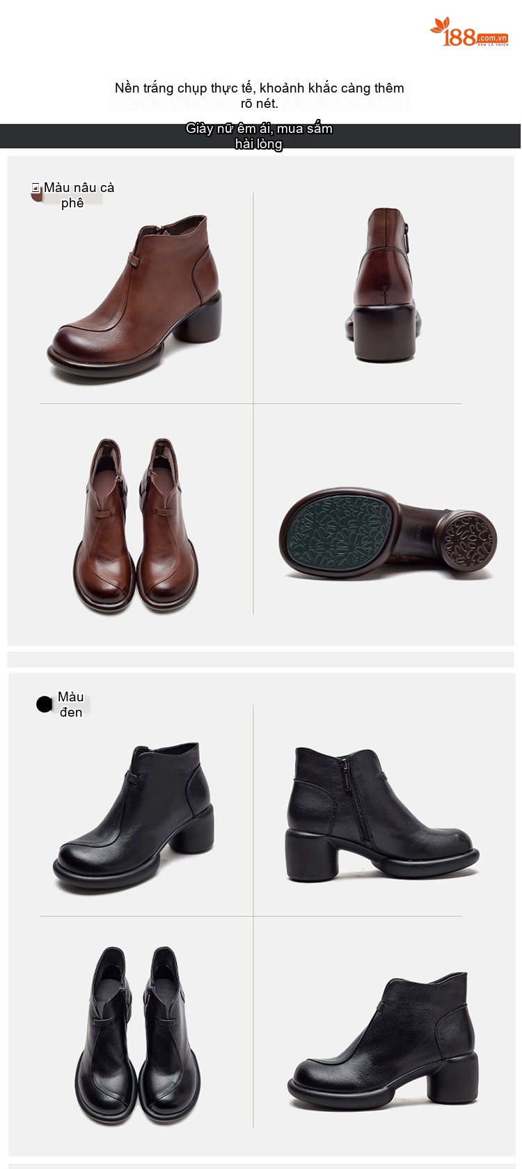 Boot Nữ Da Bò Cổ Ngắn Gót Vuông Chiều Cao Đế Khoảng 5cm Màu Đen, Nâu chi tiết 14
