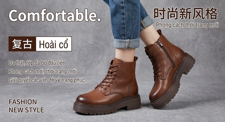 Boot Nữ Da Bò Cổ Ngắn Khóa Bên Chiều Cao Đế Khoảng 5cm Màu Nâu chi tiết 2