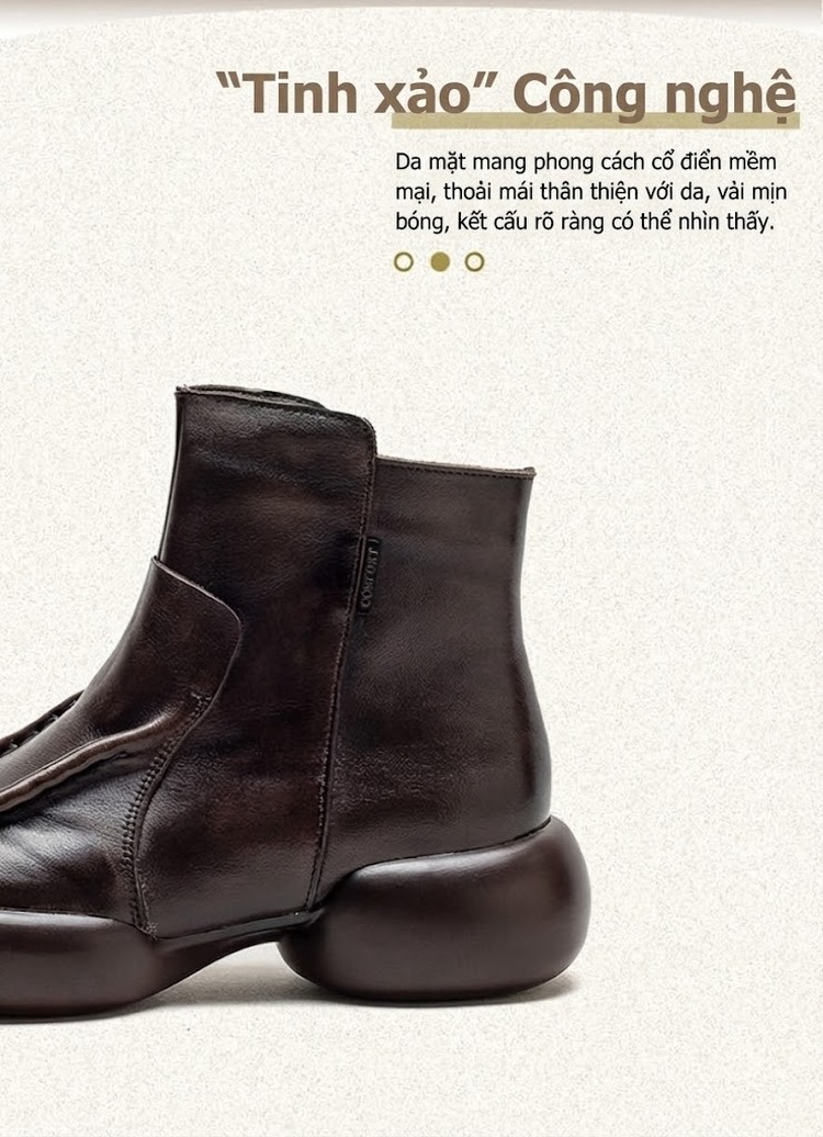 Boot Nữ Da Bò Cổ Ngắn Khóa Bên Chiều Cao Đế Khoảng 5cm Màu Nâu chi tiết 3