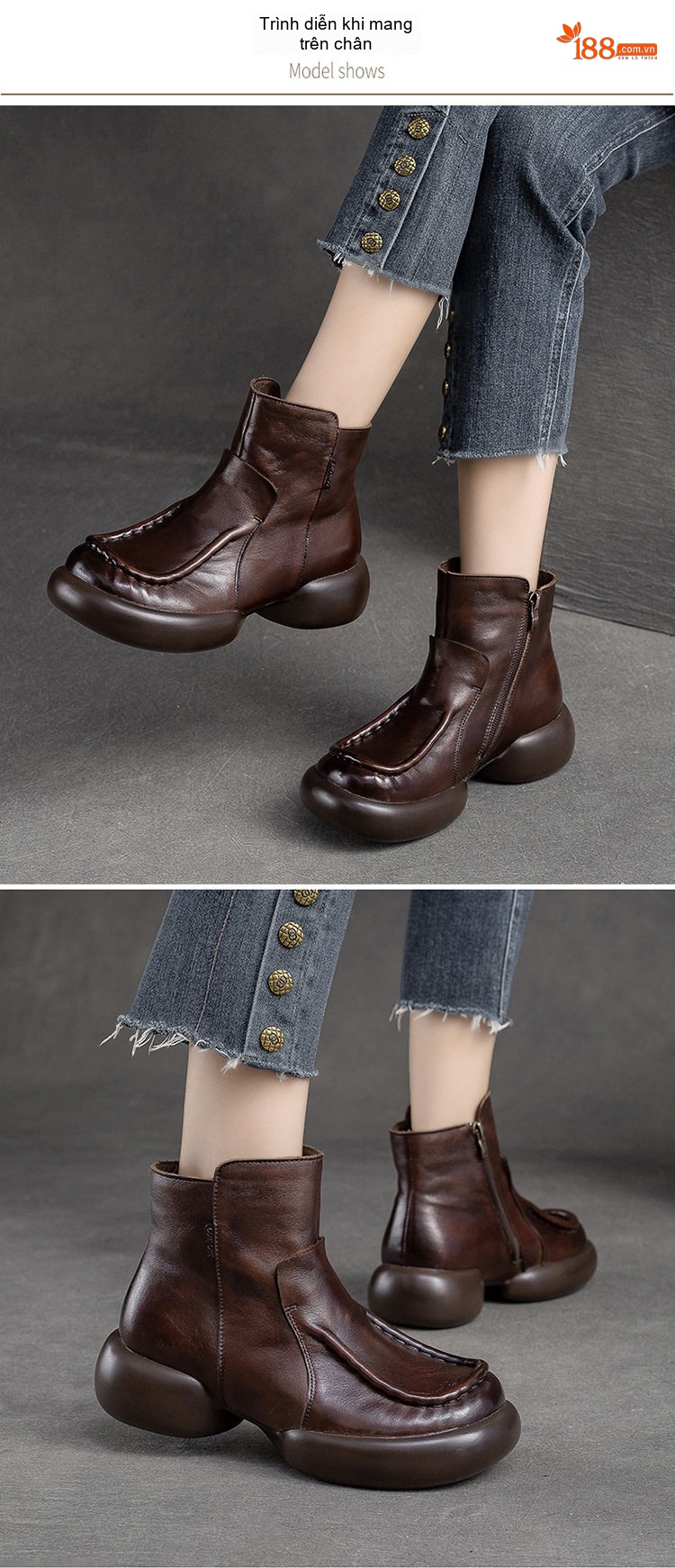 Boot Nữ Da Bò Cổ Ngắn Khóa Bên Chiều Cao Đế Khoảng 5cm Màu Nâu chi tiết 9
