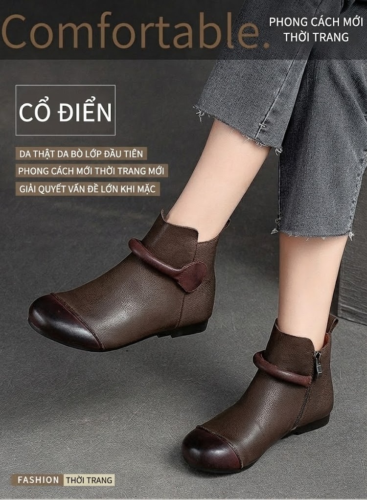 Boot Nữ Da Bò Cổ Ngắn Khóa Bên Hông Chiều Cao Đế Khoảng 1cm Màu Nâu chi tiết 2