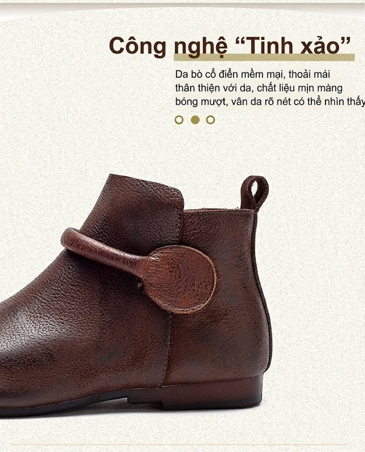Boot Nữ Da Bò Cổ Ngắn Khóa Bên Hông Chiều Cao Đế Khoảng 1cm Màu Nâu chi tiết 3