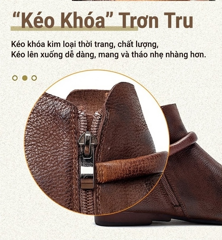 Boot Nữ Da Bò Cổ Ngắn Khóa Bên Hông Chiều Cao Đế Khoảng 1cm Màu Nâu chi tiết 7