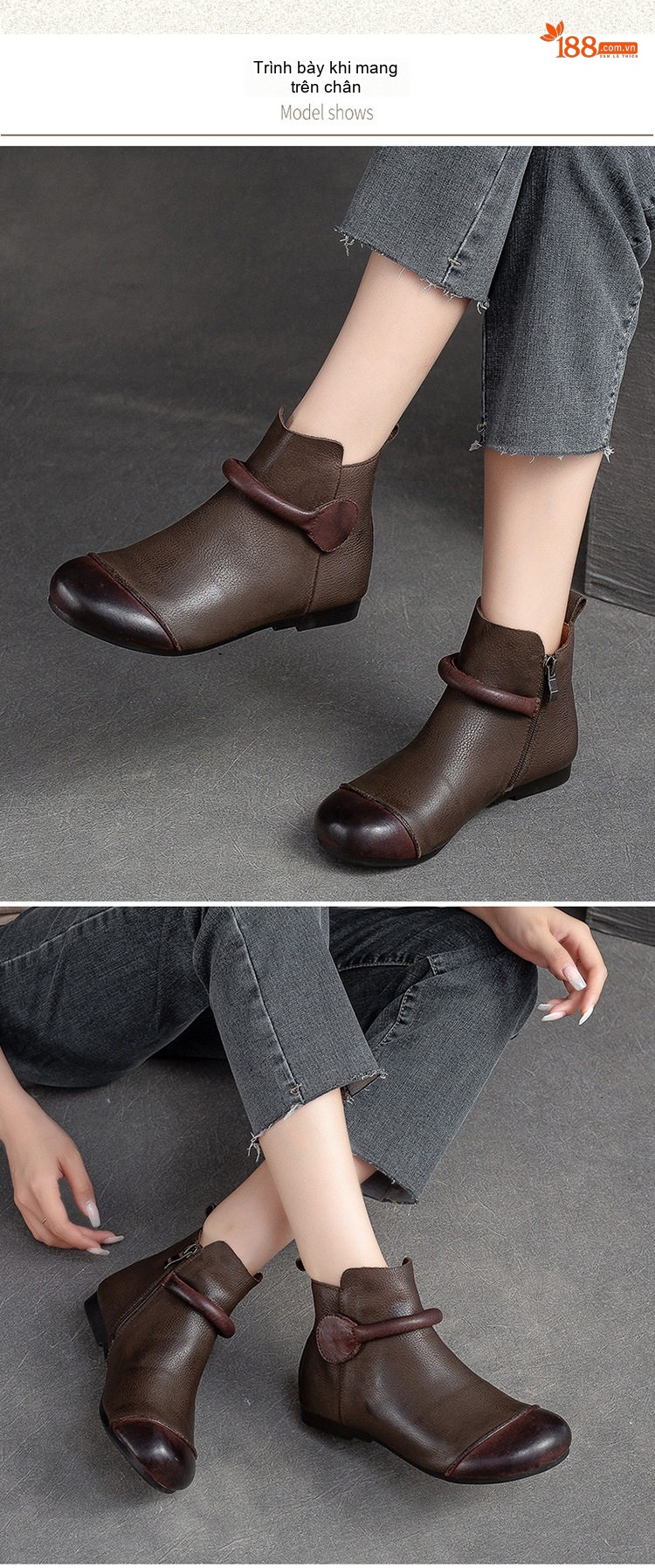 Boot Nữ Da Bò Cổ Ngắn Khóa Bên Hông Chiều Cao Đế Khoảng 1cm Màu Nâu chi tiết 8