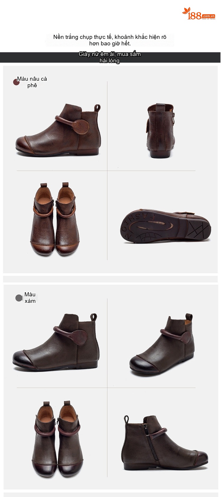 Boot Nữ Da Bò Cổ Ngắn Khóa Bên Hông Chiều Cao Đế Khoảng 1cm Màu Nâu chi tiết 15