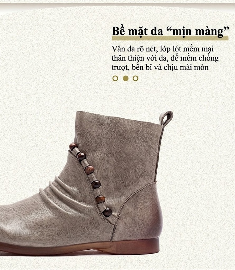 Boot Nữ Da Bò Cổ Ngắn Khóa Bên Hông Chiều Cao Đế Khoảng 2cm Phong Cách Retro Màu Nâu, Xám chi tiết 3
