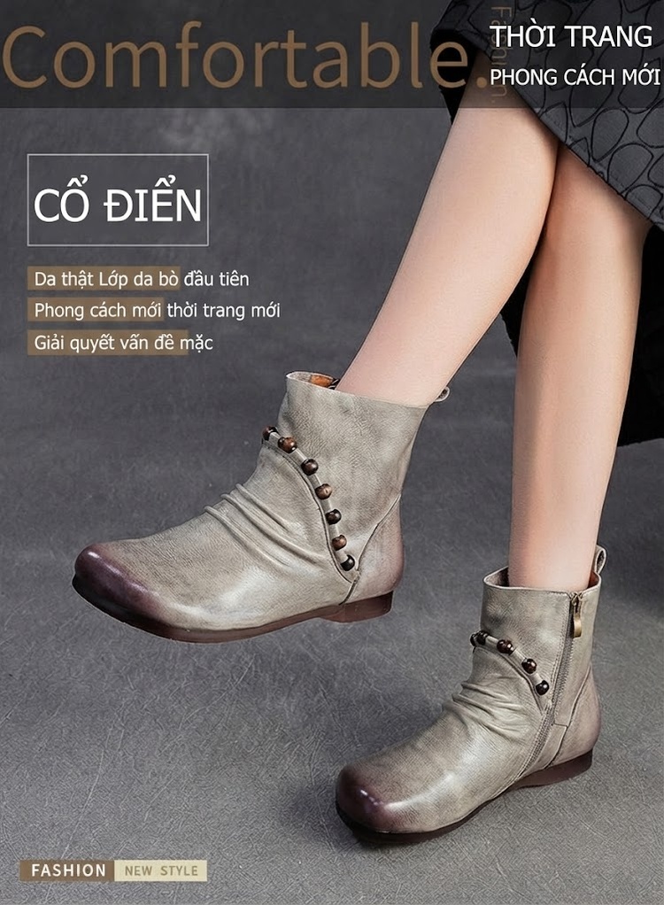 Boot Nữ Da Bò Cổ Ngắn Khóa Bên Hông Chiều Cao Đế Khoảng 2cm Phong Cách Retro Màu Nâu, Xám chi tiết 2
