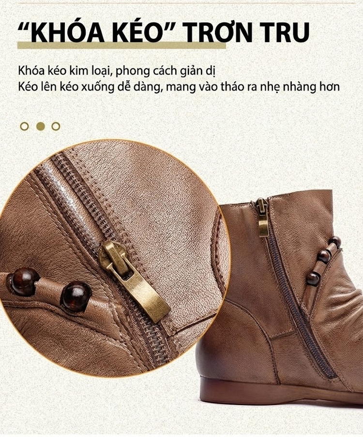 Boot Nữ Da Bò Cổ Ngắn Khóa Bên Hông Chiều Cao Đế Khoảng 2cm Phong Cách Retro Màu Nâu, Xám chi tiết 7