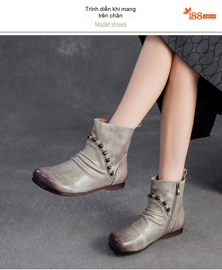 Boot Nữ Da Bò Cổ Ngắn Khóa Bên Hông Chiều Cao Đế Khoảng 2cm Phong Cách Retro Màu Nâu, Xám chi tiết 8