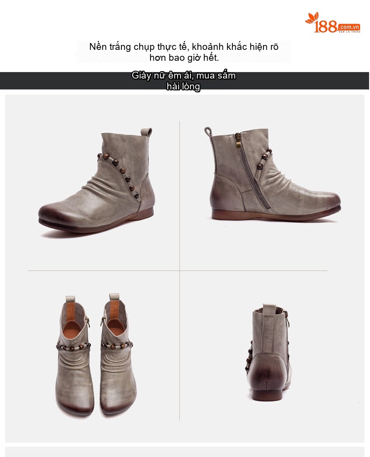 Boot Nữ Da Bò Cổ Ngắn Khóa Bên Hông Chiều Cao Đế Khoảng 2cm Phong Cách Retro Màu Nâu, Xám chi tiết 17