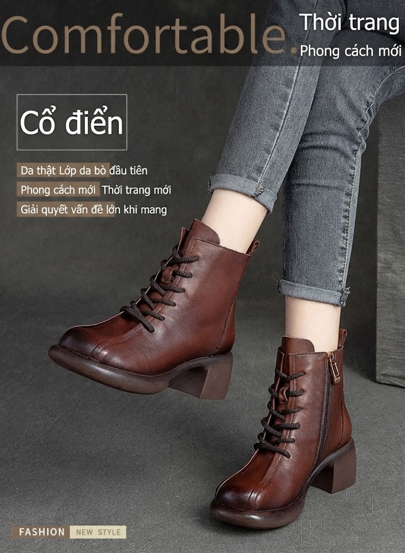 Boot Nữ Da Bò Cổ Ngắn Khoá Kéo Bên Hông Chiều Cao Đế Khoảng 5cm Màu Đen, Nâu chi tiết 1