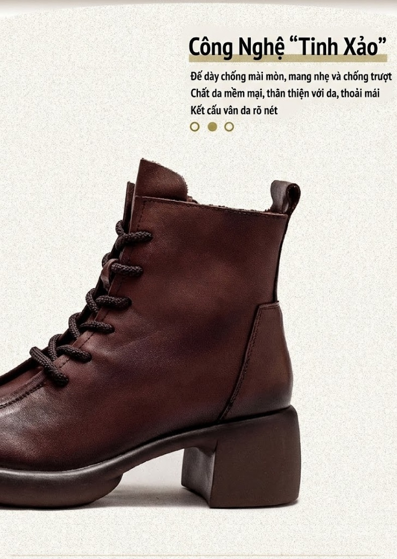 Boot Nữ Da Bò Cổ Ngắn Khoá Kéo Bên Hông Chiều Cao Đế Khoảng 5cm Màu Đen, Nâu chi tiết 2