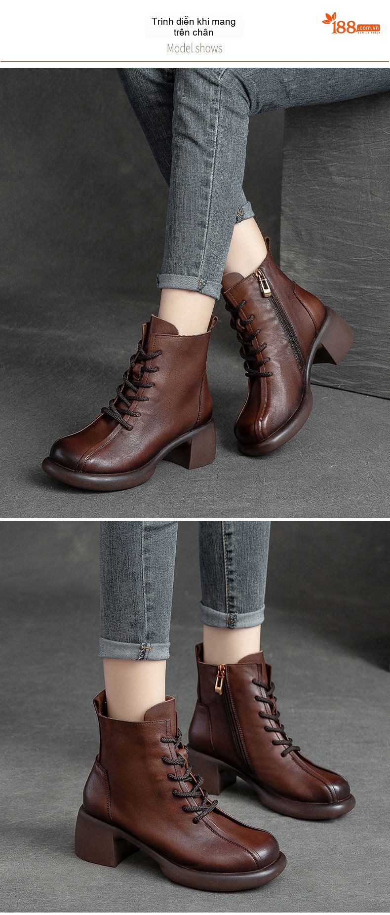 Boot Nữ Da Bò Cổ Ngắn Khoá Kéo Bên Hông Chiều Cao Đế Khoảng 5cm Màu Đen, Nâu chi tiết 6