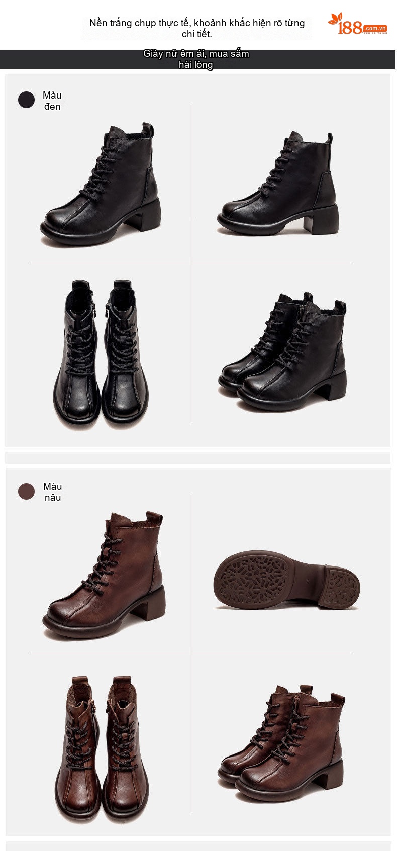 Boot Nữ Da Bò Cổ Ngắn Khoá Kéo Bên Hông Chiều Cao Đế Khoảng 5cm Màu Đen, Nâu chi tiết 12