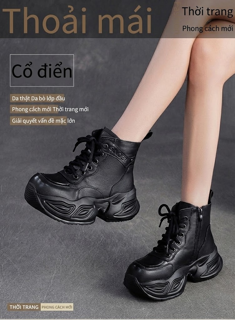 Boot Nữ Da Bò Cổ Ngắn Khóa Kéo Bên Hông Chiều Cao Đế Khoảng 5cm Màu Đen, Nâu chi tiết 2