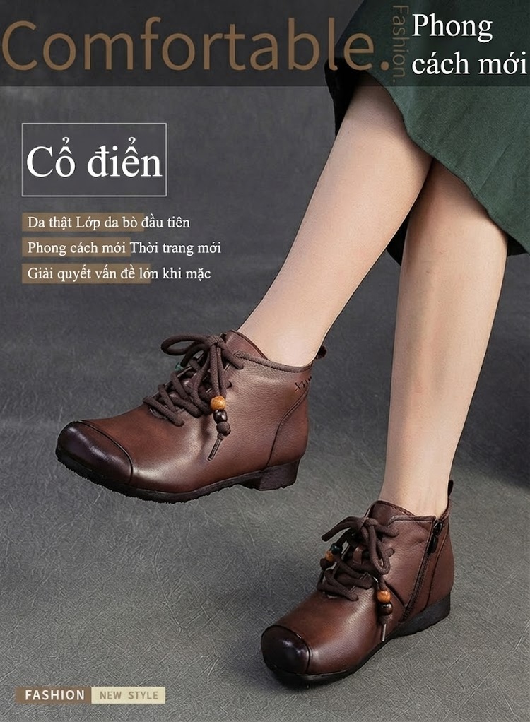 Boot Nữ Da Bò Cổ Ngắn Ôm Chân Phong Cách Retro Chiều Cao Đế Khoảng 3cm Màu Nâu chi tiết 2
