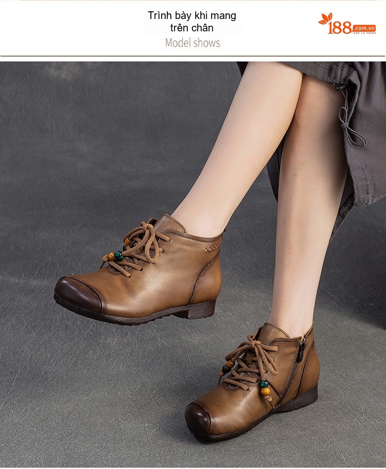 Boot Nữ Da Bò Cổ Ngắn Ôm Chân Phong Cách Retro Chiều Cao Đế Khoảng 3cm Màu Nâu chi tiết 7