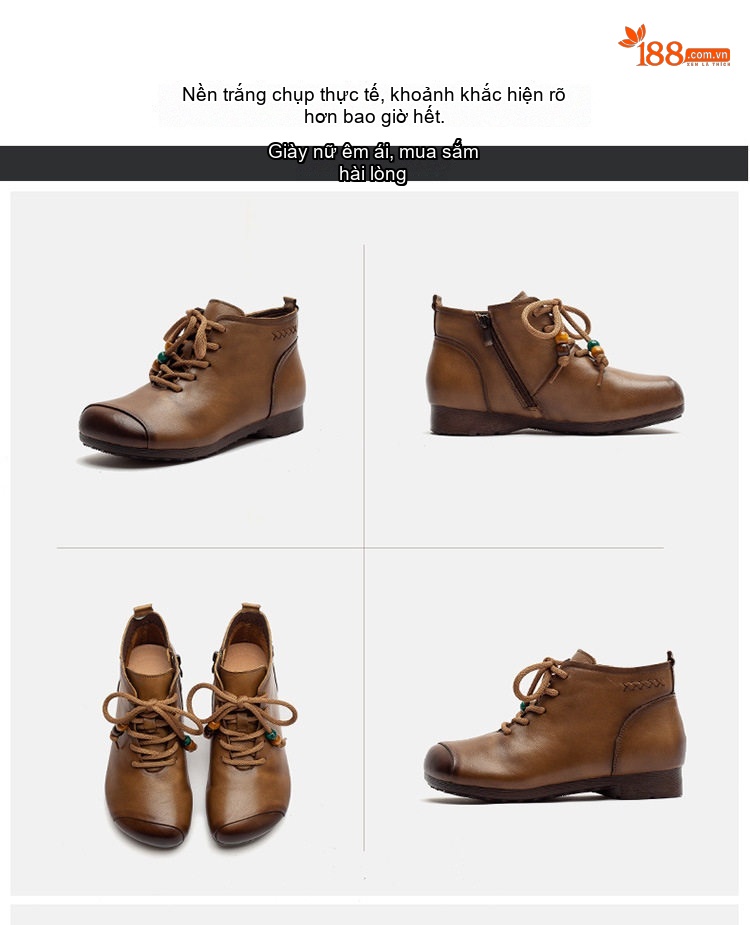 Boot Nữ Da Bò Cổ Ngắn Ôm Chân Phong Cách Retro Chiều Cao Đế Khoảng 3cm Màu Nâu chi tiết 16