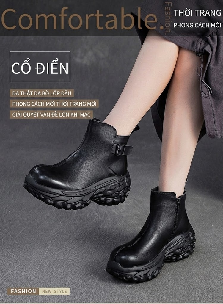 Boot Nữ Da Bò Cổ Ngắn Phong Cách Anh Quốc Chiều Cao Đế Khoảng 5cm Màu Đen, Nâu chi tiết 2