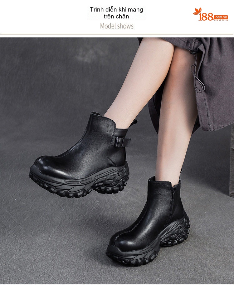Boot Nữ Da Bò Cổ Ngắn Phong Cách Anh Quốc Chiều Cao Đế Khoảng 5cm Màu Đen, Nâu chi tiết 7