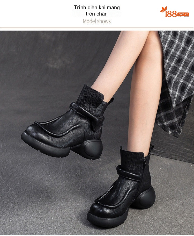 Boot Nữ Da Bò Cổ Ngắn Phong Cách Anh Quốc Chiều Cao Đế Khoảng 6cm Màu Đen, Nâu chi tiết 8
