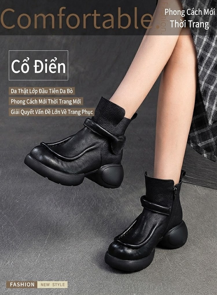 Boot Nữ Da Bò Cổ Ngắn Phong Cách Anh Quốc Chiều Cao Đế Khoảng 6cm Màu Đen, Nâu chi tiết 1
