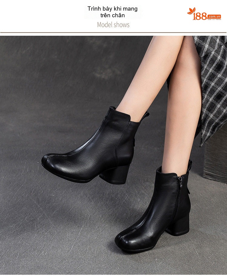 Boot Nữ Da Bò Cổ Ngắn Phong Cách Retro Chiều Cao Đế Khoảng 5cm Màu Đen, Nâu chi tiết 6