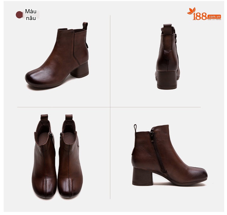 Boot Nữ Da Bò Cổ Ngắn Phong Cách Retro Chiều Cao Đế Khoảng 5cm Màu Đen, Nâu chi tiết 16