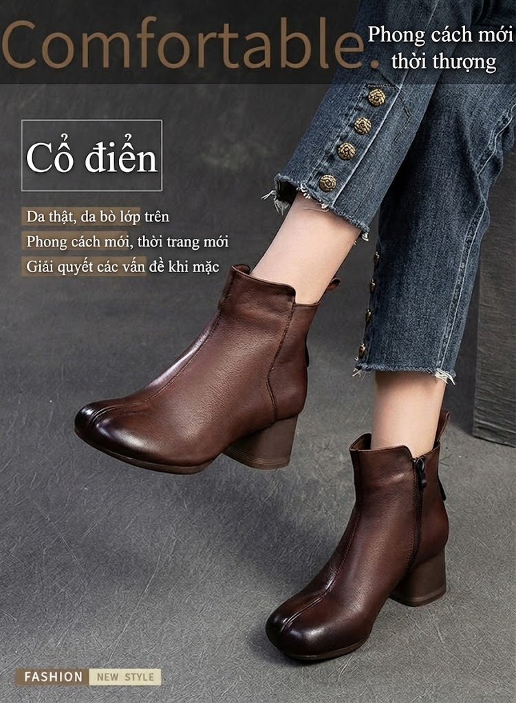 Boot Nữ Da Bò Cổ Ngắn Phong Cách Retro Chiều Cao Đế Khoảng 5cm Màu Đen, Nâu chi tiết 1