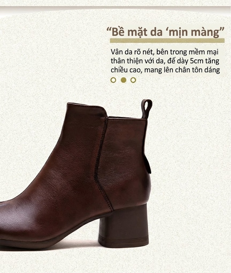 Boot Nữ Da Bò Cổ Ngắn Phong Cách Retro Chiều Cao Đế Khoảng 5cm Màu Đen, Nâu chi tiết 2