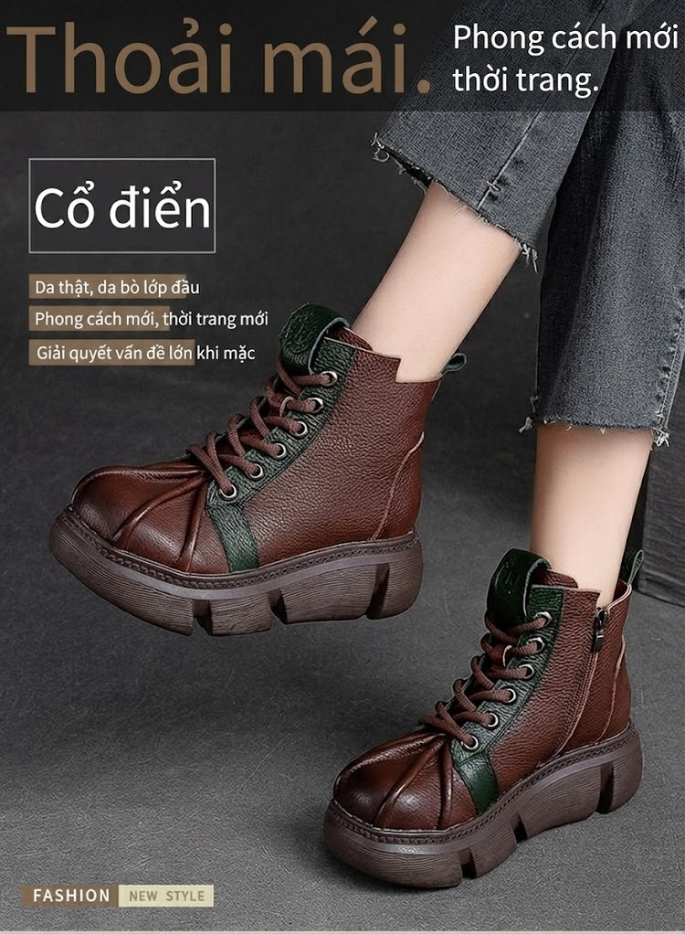 Boot Nữ Da Bò Cổ Thấp Dây Buộc Thiết Kế Phối Màu Chiều Cao Đế Khoảng 5cm Màu Đen, Đỏ, Nâu chi tiết 2