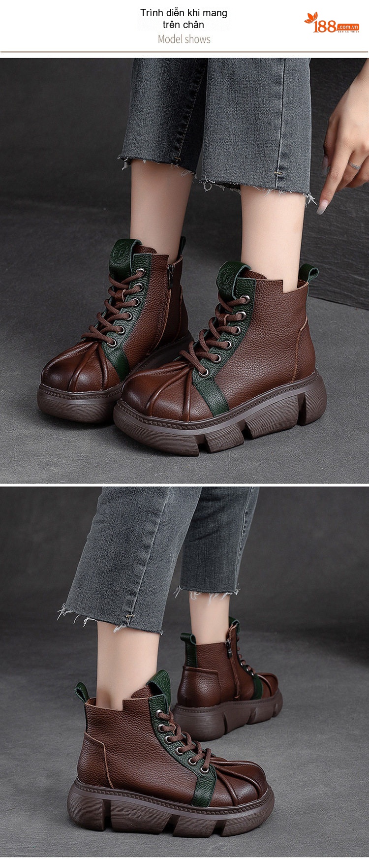 Boot Nữ Da Bò Cổ Thấp Dây Buộc Thiết Kế Phối Màu Chiều Cao Đế Khoảng 5cm Màu Đen, Đỏ, Nâu chi tiết 7