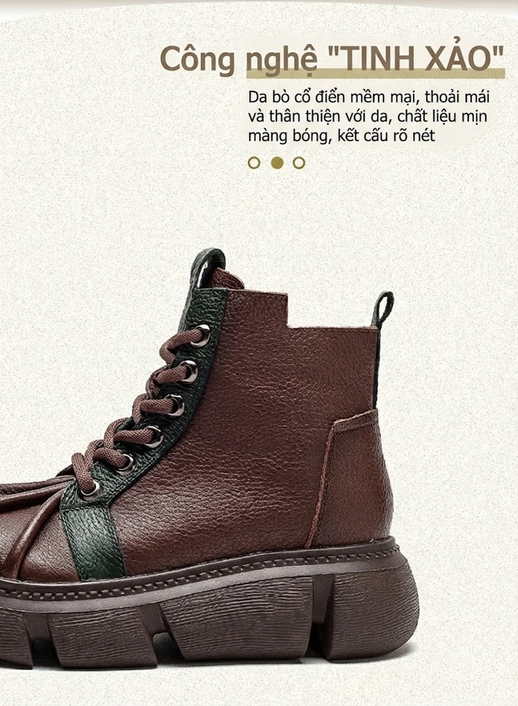 Boot Nữ Da Bò Cổ Thấp Dây Buộc Thiết Kế Phối Màu Chiều Cao Đế Khoảng 5cm Màu Đen, Đỏ, Nâu chi tiết 3