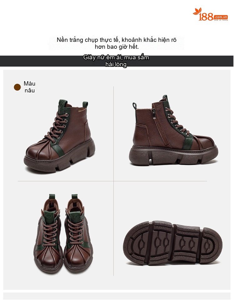 Boot Nữ Da Bò Cổ Thấp Dây Buộc Thiết Kế Phối Màu Chiều Cao Đế Khoảng 5cm Màu Đen, Đỏ, Nâu chi tiết 14