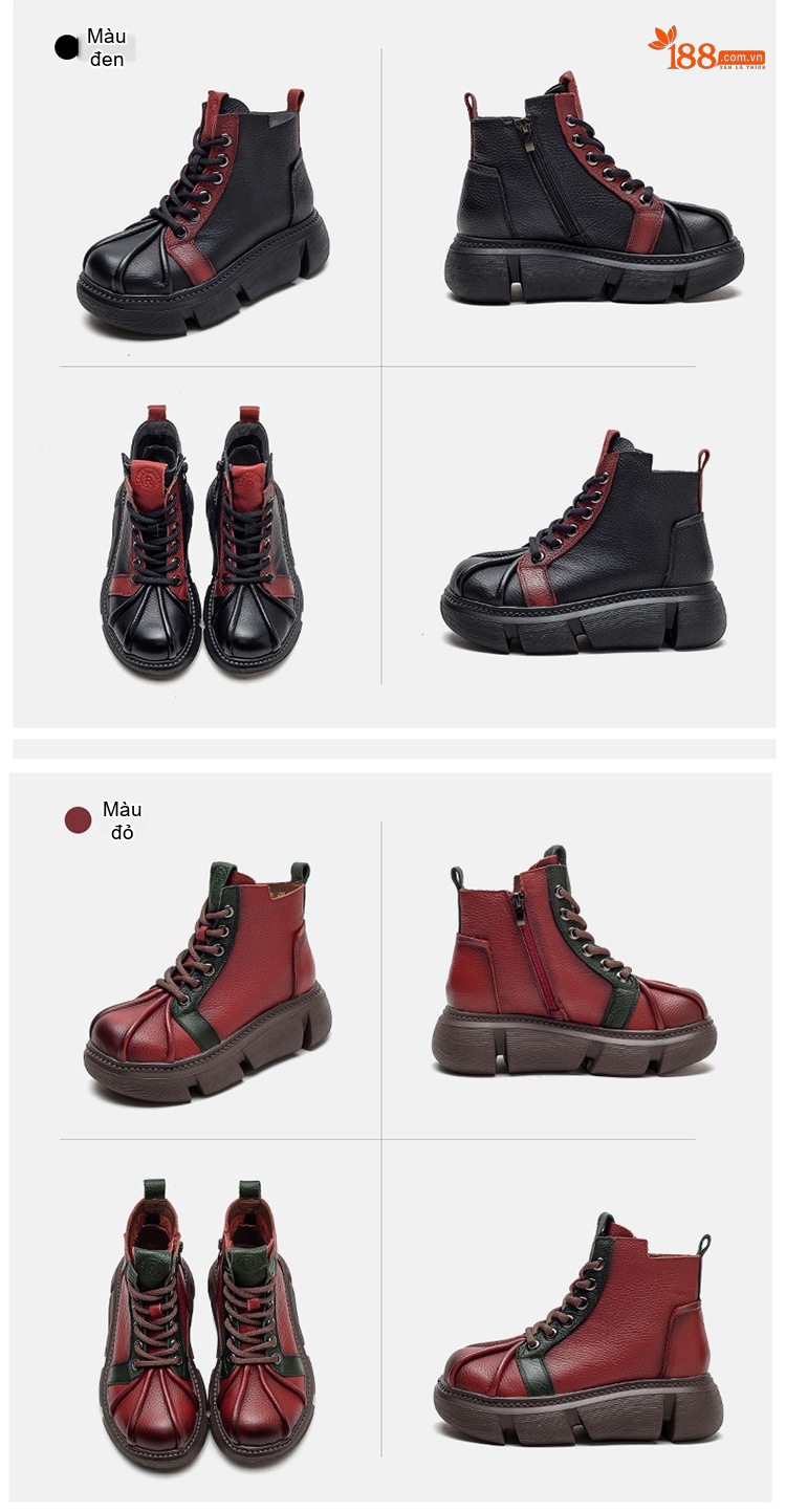 Boot Nữ Da Bò Cổ Thấp Dây Buộc Thiết Kế Phối Màu Chiều Cao Đế Khoảng 5cm Màu Đen, Đỏ, Nâu chi tiết 15