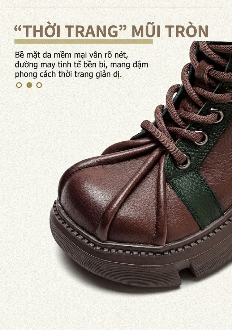Boot Nữ Da Bò Cổ Thấp Dây Buộc Thiết Kế Phối Màu Chiều Cao Đế Khoảng 5cm Màu Đen, Đỏ, Nâu chi tiết 4