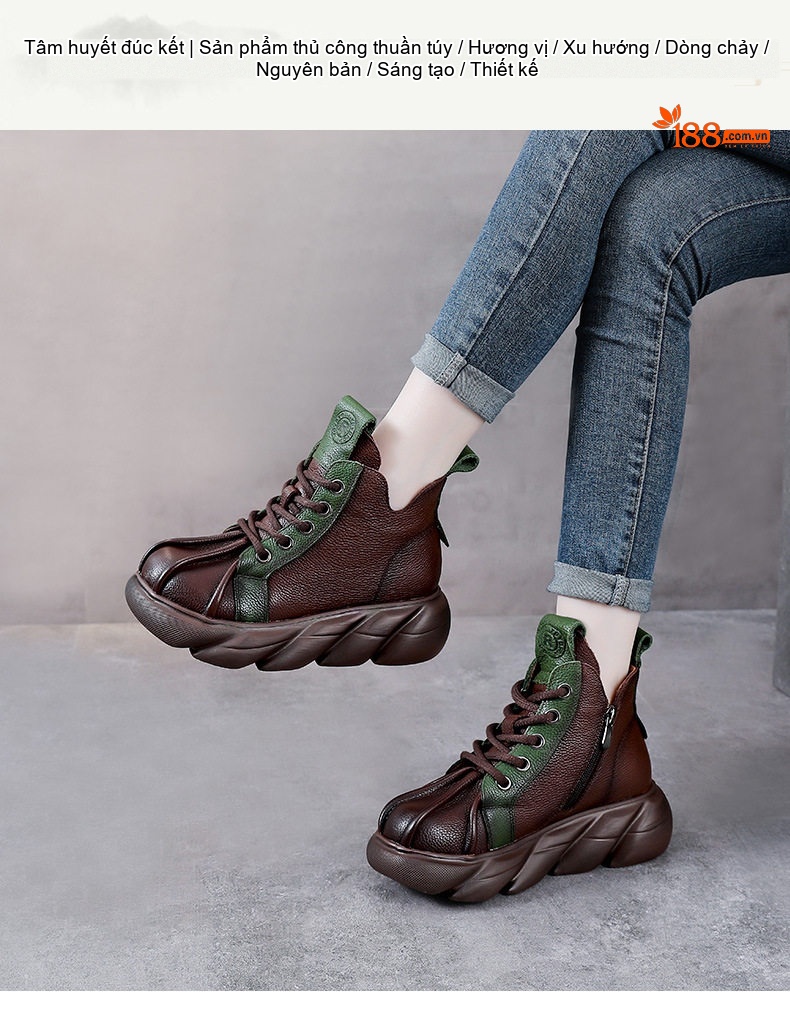 Boot Nữ Da Bò Dây Buộc Đế Bánh Mì Chiều Cao Đế Khoảng 5cm Màu Nâu, Đen, Xanh Lá chi tiết 1