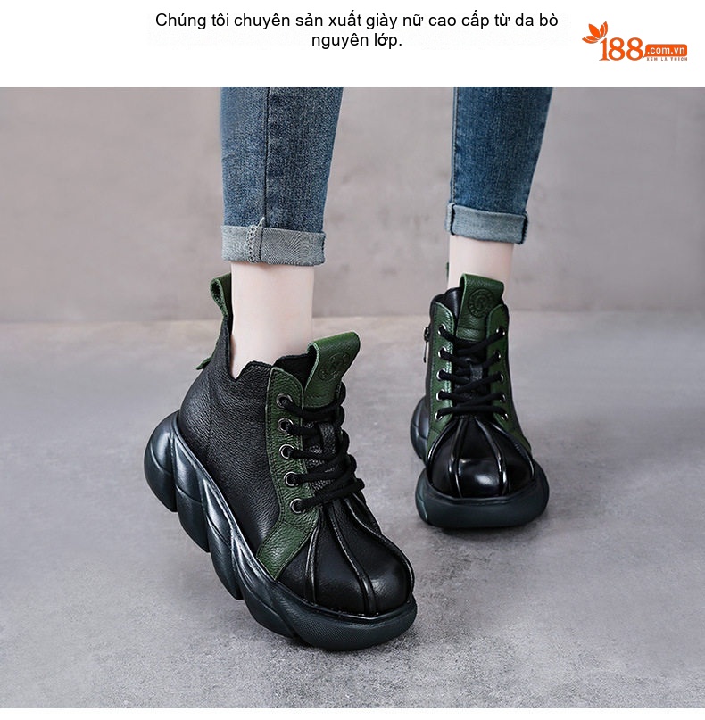 Boot Nữ Da Bò Dây Buộc Đế Bánh Mì Chiều Cao Đế Khoảng 5cm Màu Nâu, Đen, Xanh Lá chi tiết 2