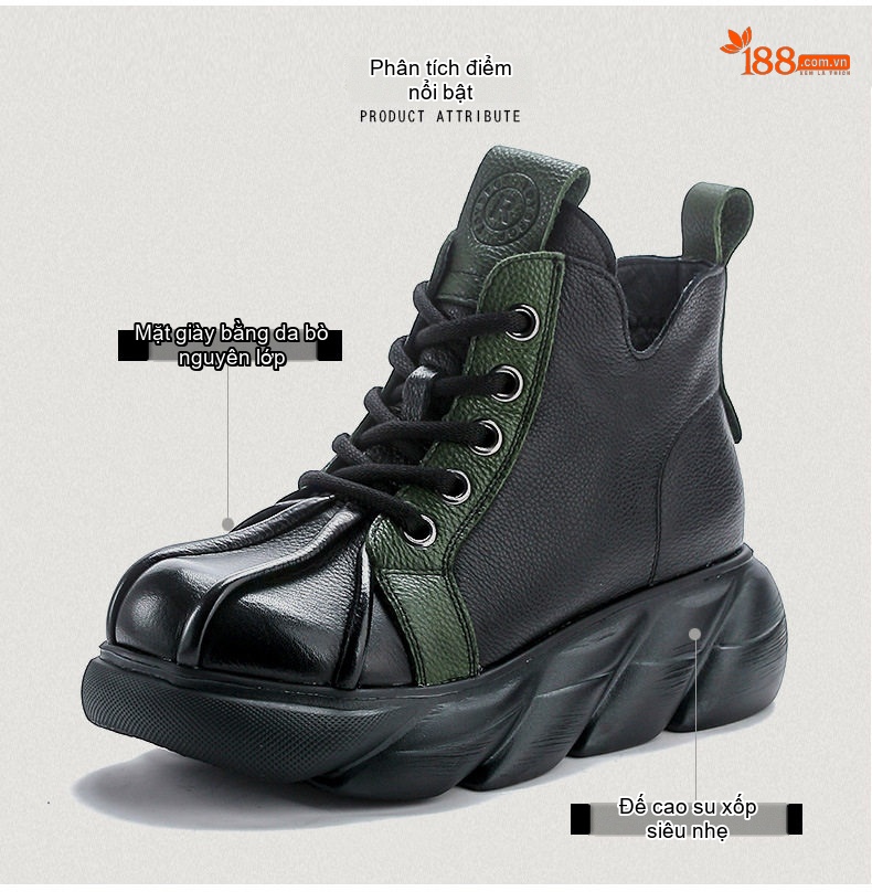 Boot Nữ Da Bò Dây Buộc Đế Bánh Mì Chiều Cao Đế Khoảng 5cm Màu Nâu, Đen, Xanh Lá chi tiết 3